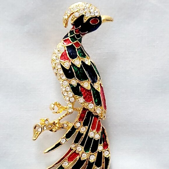 Jewelry - Vintage Peacock Enamel & Rhinestone Bird Brooch Pin Elegant Gold-Tone Statement